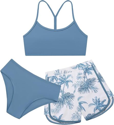 Weixinbuy Girls 3 Piece Swimsuit Bathing Suits Solid Bikini Set with Printed Sports Shorts Swimwear for 9-16Y Teen Girls in Saudi Arabia