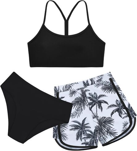 Weixinbuy Girls 3 Piece Swimsuit Bathing Suits Solid Bikini Set with Printed Sports Shorts Swimwear for 9-16Y Teen Girls in Saudi Arabia