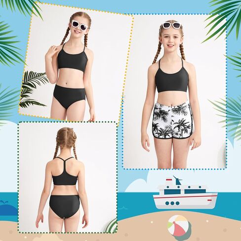 Weixinbuy Girls 3 Piece Swimsuit Bathing Suits Solid Bikini Set with Printed Sports Shorts Swimwear for 9-16Y Teen Girls in Saudi Arabia