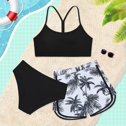 Weixinbuy Girls 3 Piece Swimsuit Bathing Suits Solid Bikini Set with Printed Sports Shorts Swimwear for 9-16Y Teen Girls in Saudi Arabia