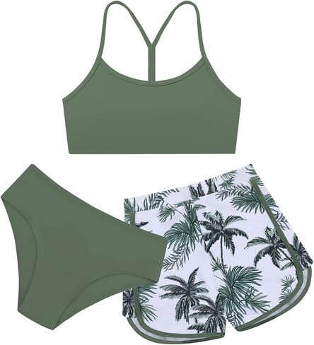 Weixinbuy Girls 3 Piece Swimsuit Bathing Suits Solid Bikini Set with Printed Sports Shorts Swimwear for 9-16Y Teen Girls in Saudi Arabia