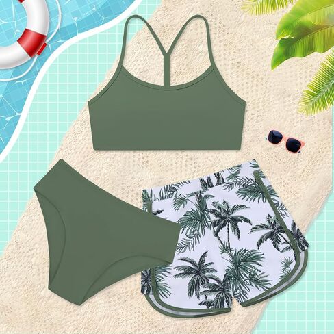 Weixinbuy Girls 3 Piece Swimsuit Bathing Suits Solid Bikini Set with Printed Sports Shorts Swimwear for 9-16Y Teen Girls in Saudi Arabia