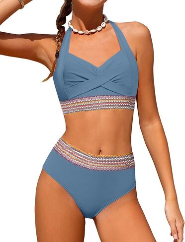 Girls Swimsuits Two Piece Bikini Set Criss Cross Halterneck Woven Contrast Trim Bathing Suits for 9-16Y in Saudi Arabia