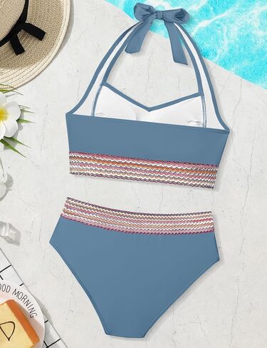 Girls Swimsuits Two Piece Bikini Set Criss Cross Halterneck Woven Contrast Trim Bathing Suits for 9-16Y in Saudi Arabia