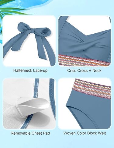 Girls Swimsuits Two Piece Bikini Set Criss Cross Halterneck Woven Contrast Trim Bathing Suits for 9-16Y in Saudi Arabia