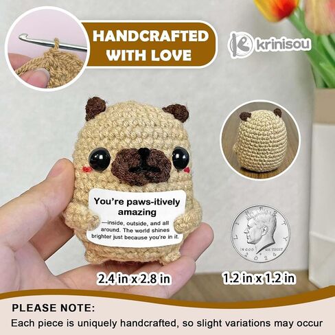 Pug Gifts for Pug Lovers, Positive Crochet Animals Dog Puppy, Mini Cute Pug Decor, Easter Basket Stuffers Encouragement Inspirational Gifts for Women in Saudi Arabia