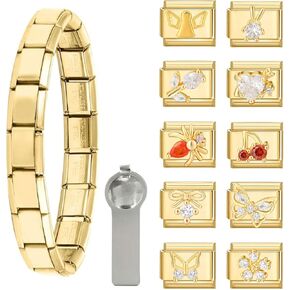 papasgix Italian Charm Bracelet Gold Set with Starter Brascelet, Assorted Diamond Animals Charms and Opening Tools, 9mm Modular Italian Charm Bracelet Links Handmade DIY Jewelry