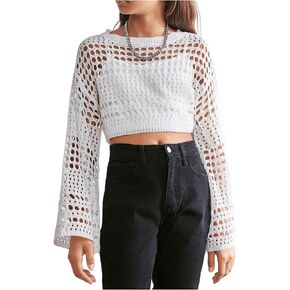 GORGLITTER Girl's Hollow Out Cropped Sweater Boat Neck Long Sleeve Crochet Top Drop Shoulder Pullover Tops
