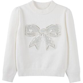 Danny D Young Girl′s Bowknot Sequin Knitted Sweater Crew Neck Long Sleeved Tops for Autumn and Winter
