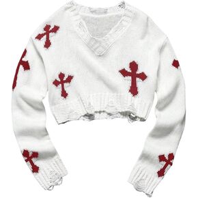 Girl's Gothic Graphic Sweater V Neck Ripped Pullover Sweater Distressed Long Sleeve Knit Crop Top