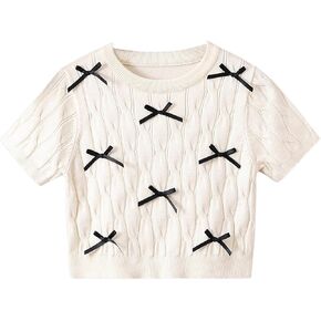 Floerns Girl's Short Sleeve Bow Cropped Sweater Crew Neck Cute Pullover Tops