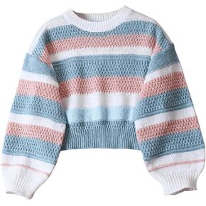 SweatyRocks Girl's Colorful Striped Sweaters Lantern Long Sleeve Crewneck Knit Tops