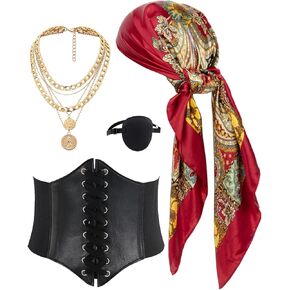 kasahara 4 Pcs Pirate Costume Accessories Women Pirate Hat Head Scarf Headband Wrap Pirate Corset Belt Eye Patch Necklace