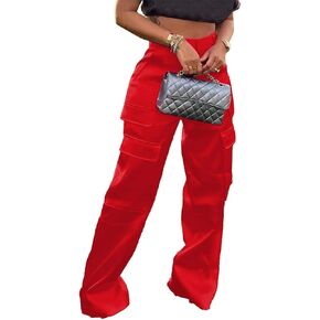 Women Satin Cargo Pants High Waisted Straight Wide Leg Casual Pants Multi Pockets Club Y2k Trousers