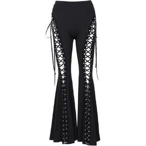 Y2k Bell Bottom Pants for Woman Gothic Black Lace-Up Cutout Stretch Punk