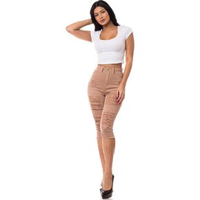 Aphrodite Capri Jeans for Women - Bermuda Shorts High Waisted Denim Stretch Skinny Ripped Distressed Destroyed Cropped Pants