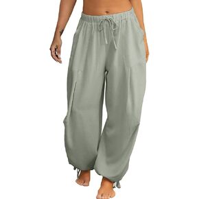 Women Linen Harem Pants Summer Drawstring Casual Lounge Baggy Pant Beach Travel Vacation Trousers with Pockets