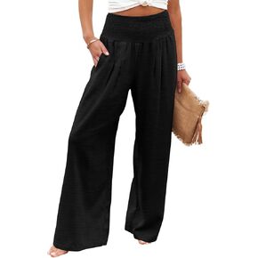 Womens Elastic High Waisted Palazzo Pants Casual Wide Leg Long Lounge Pant Trousers with Pocket