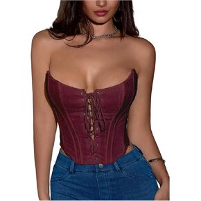 MakeMeChic Women's Lace Up Renaissance Corset Bustier Top Floral Embroidery Grommet Eyelet Tube Crop Tops
