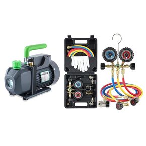 Lichamp AC Gauges R134a R22 R12 R502 A/C Diagnostic Manifold Gauge Set with 5FT Hose and 4.5 cfm 1/3 HP HVAC Single Stage Vacuum Pump for R134a R410a R22 R12
