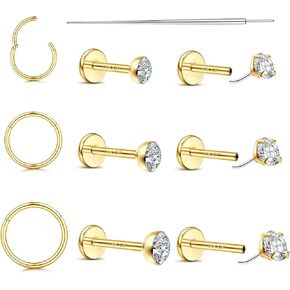 20G/18G Nose Rings Studs for Women Men - 14K Gold Filled Flat Back Nose Studs Nose Ring Hoops Hypoallergenic Surgical Steel Threadless Push in CZ Helix Tragus Conch Nostril Cartilage Piercing Jewelry