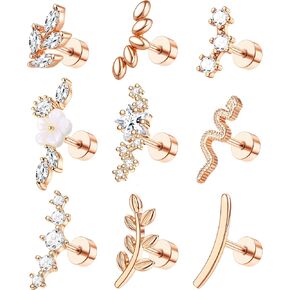 9Pcs Flat Back Cartilage Earrings for Women Trendy 16G Tragus Conch Helix Piercing Jewelry Stainless Steel Snake Star CZ Flat Back Stud Earrings Set