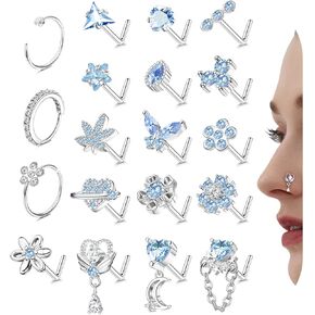Drperfect Nose Rings L Shaped Nose Studs Ring Hypoallergenic Stainless Steel Nose Ring-Dangle CZ Butterfly Flower Nose Studs Hoops Piercings Jewelry Gift for Women Men 20G Pink/Blue/Clear