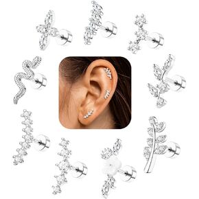 Cartilage Earrings for Women Flat Back - Hypoallergenic Surgical Stainless Steel Stud Earring Set for Sensitive Ears CZ Daith Conch Tragus Helix Piercing Jewelry 9PCS 16G 18G
