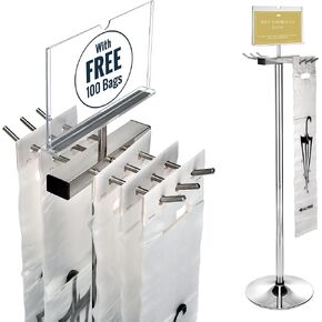 Alpine Wet Umbrella Bag Stand - Umbrella Bags Disposable with Stand, Wet Umbrella Bag Holder, Commercial Umbrella Holder with Free 100 Large Plastic Umbrella Bags Disposable (Stainless Steel)