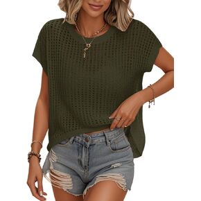 Womens Summer Crochet Tops Hollow Out Cap Sleeve Cover Up Tank Top Pullover Sweater Vest Beach Vacation Clothes