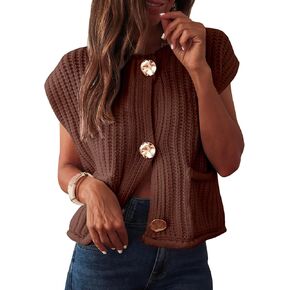 ANRABESS Women Chunky Knit Sweater Vest Button Down Casual Sleeveless Cardigan with Pockets Spring Trendy Outfits 2025