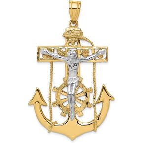 Solid 14k Gold Two-Tone Mariner's Crucifix Cross Pendant (30mm x 56mm)