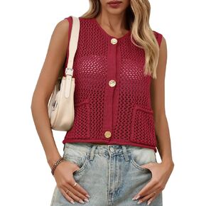 Saodimallsu Womens Crochet Sweater Vest Button Down Sleeveless Crew Neck Boho Knit Crop Tank Tops Summer Cardigans