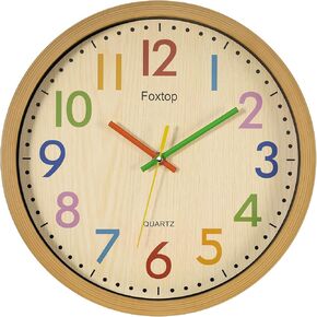 Foxtop Silent Kids Wall Clock 12 Inch Non-Ticking Battery Operated Colorful Childrens Clock for Classroom Playroom Nursery Bedrooms Kids Room School