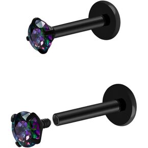 16G 18G Titanium Internal Thread CZ CZ STUD أقراط مسطحة ، سوداء سوداء تراغوس هولكس المحارة المجوهرات الثابتة للنساء 6 مم 8 مم 10 مم لابريت الأزرار 2pcs