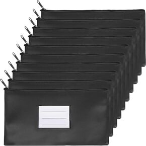 PATIKIL 11x6" Money Bank Deposit Bag with Zipper, 10 Pcs Leatherette Coin Check Wallet Pen Pouch Bag with Clear Window for Office Travel, Black