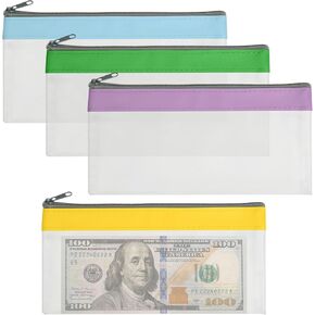 4 Pack Multi-Purpose Money Pouch, Cash Envelopes with Zipper, Money Bags Clear Bank Deposit Coin Bag for Coin, Deposit, Checks, Receipts, Passport (Color B)