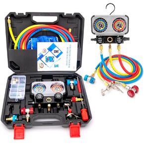 CMOOD AC GAUGE SET R1234YF R134A MENDOLD GAUGE SET FOR R1234YF R134A R404A المبردات ، مقياس مشعب للسيارات AC مع خراطيم مقرنات سريعة لشحن الفراون