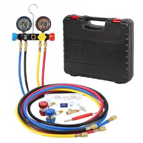 PB Motor Tech 4-Way-Way AC Mifold Gauge ، تناسب المبردات R22 R134A R410A ، مع مقرنات سريعة ومحولات وأدوات ضرورية ، مثالية لصيانة التيار المتردد ، تشمل حالة التخزين البلاستيكي
