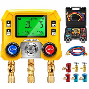 VIVOHOME Digital HVAC Manifold Gauge Set with R134a R1234yf Quick Couplers and Can Taps, Refrigeration Car AC Gauges with 3 Hoses for R134a R410a R32 1234yf Refrigerant Recharge Kit