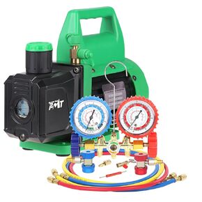 PB Motor Tech Vacuum Pump & Gauge Set, 4.5 CFM Pump w/Brass Manifold Gauge, Quick Couplers, 410 Adapter, Can Tap & Valve Core Tool, for R134A, R12, R22, R502 Refrigerants & AC Maintenance