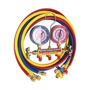 2025 Upgrade 42004 Test and Charging Manifold with 3-1/8" (80 mm) Color-Coded Gauges, 1/4“ to 1/4" Standard Flare Fitting, 60",HVAC Gauges with Hoses, R-22/404A/410A, Yellow/Red/Blue