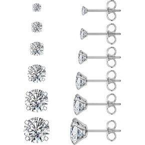 6 Pairs Stud Earrings Set, Hypoallergenic Cubic Zirconia 316L Earrings Stainless Steel CZ Earrings 3-8mm
