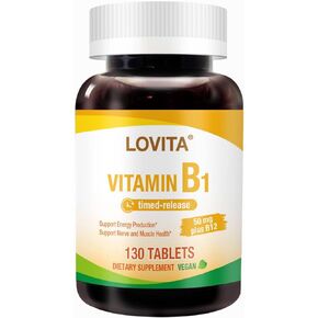 Lovita Vitamin B1 (Thiamine) 50mg ، الإصدار الموقوت ، 8 ساعات استمرت ، مع فيتامين B12 100mcg ، دعم التمثيل الغذائي وصحة الأعصاب ، 130 قرص نباتي