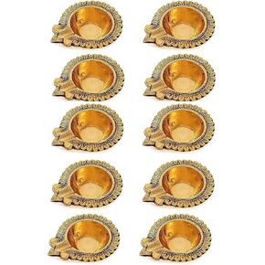 Satvik 10 PC Lakshmi Deepak لديالي الديكور المصباح النفطي المصنوع يدويًا ذهبيًا مصنوعًا من Vilakku النحاسي العذراء ل Puja التقليدية الهندية Deepawali Housewarming Groop