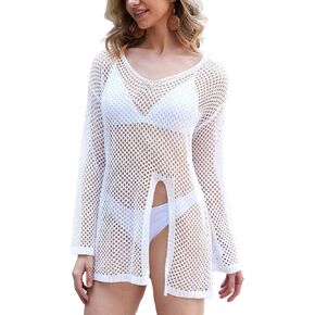 Crochet Swim Coverup للنساء ، تغطية بيكيني طويلة الأكمام UPS Swimsuit Beach Hollow