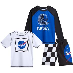 Boys Rash Guard Set - 3 Piece NASA UPF 50+ Long Sleeve, Short Sleeve Swim Shirts and Swim Trunks for Boys (5-12)
