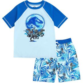 Jurassic World Dinosaur UPF 50+ Rash Guard and Swim Trunks Outfit Set Little Kid to Big Kid Sizes (4-14-16)