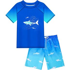Boys Two Piece Rash Guard Swimsuits Sets Kids Short Sleeve Swim Shirts Bathing Suit with Swim Trunks Swimwear Set
