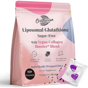 غلوتاثيون الشحمي غلوتاثيون 1000 ملغ - انخفاض L -glutathione لمضادات الأكسدة - ملحق الجلوتاثيون الخالي من السكر مع فيتامين C ، و gummies الكولاجين النباتي لإزالة السموم من الكبد ، وجلد متوهج - 150 Gummies